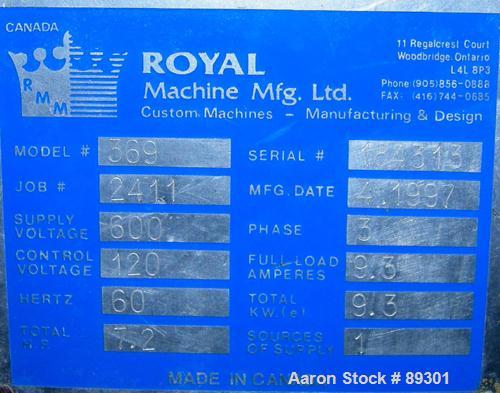 Used Royal Machine Dual Lane Traveling Cut Off Chop Saw, Model 369. (2) Approximate 14" diameter blades, pneumatically adjustable hold downs. Each saw driven by an approximate 3 hp motor. Includes a ...