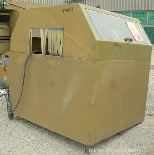 USED: Royal Machine dual lane traveling cut off chop saw, model 369. (2) Approximate 14" diameter blades, pneumatically adjustable hold downs. Each saw driven by an approximate 3 hp motor. Includes a...