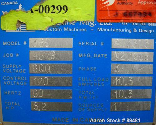 USED: Royal Machine dual lane traveling cut off chop saw, model 369. (2) Approximate 14" diameter blades, pneumatically adjustable hold downs. Each saw driven by an approximate 3 hp motor. Includes a...