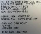Used: Extrusion Services Inc. traveling saw, model Servo Boost. Approximately 16