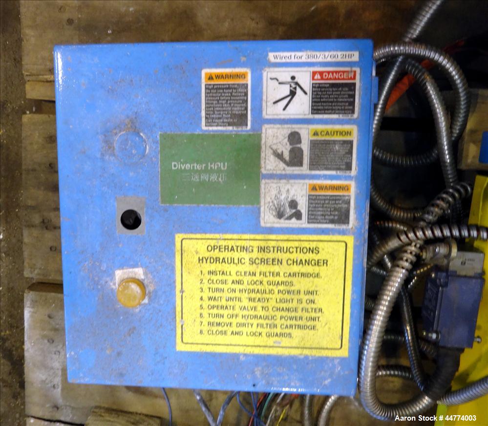 Used Beringer 8" (200mm) Hydraulic Screen Changer, Model 203. Includes Beringer Hydraulic Power unit, model HP-5.0. serial # 84999. Includes control panel.