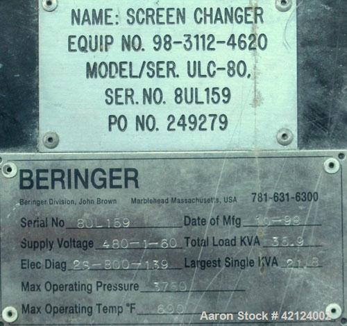 Used Beringer 8'' (200mm) Ultra-Lock Slide Plate Hydraulic Screen Changer, Model ULC-80. Dual breaker plates. Includes a Beringer hydraulic power unit, modelHP 5.0, serial #95932. 2 hp, 3/60/208-230/...