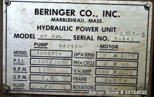 Used- Beringer 3-1/2" Diameter Hydraulic Screen Changer. Includes a model HP NVL power pack, serial# 76142.  Driven by a 2hp...