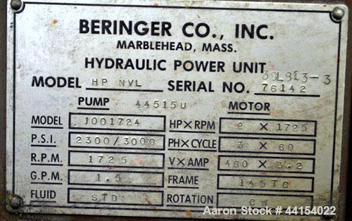 Used Beringer 3-1/2" Diameter Hydraulic Screen Changer. Includes a model HP NVL power pack, serial# 76142.  Driven by a 2hp, 3/60/208-230/460 volt, 1725 rpm motor.