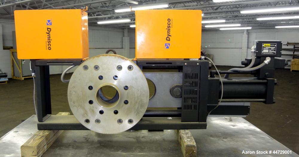 Unused- Dynisco 6" Hydraulic Slide Plate Screen Changer, Model EH-60.  Horizontal opposite mounting postion. Body heater 8000 watts, slide plate heater 1600 watts, line voltage 480.  Includes a break...