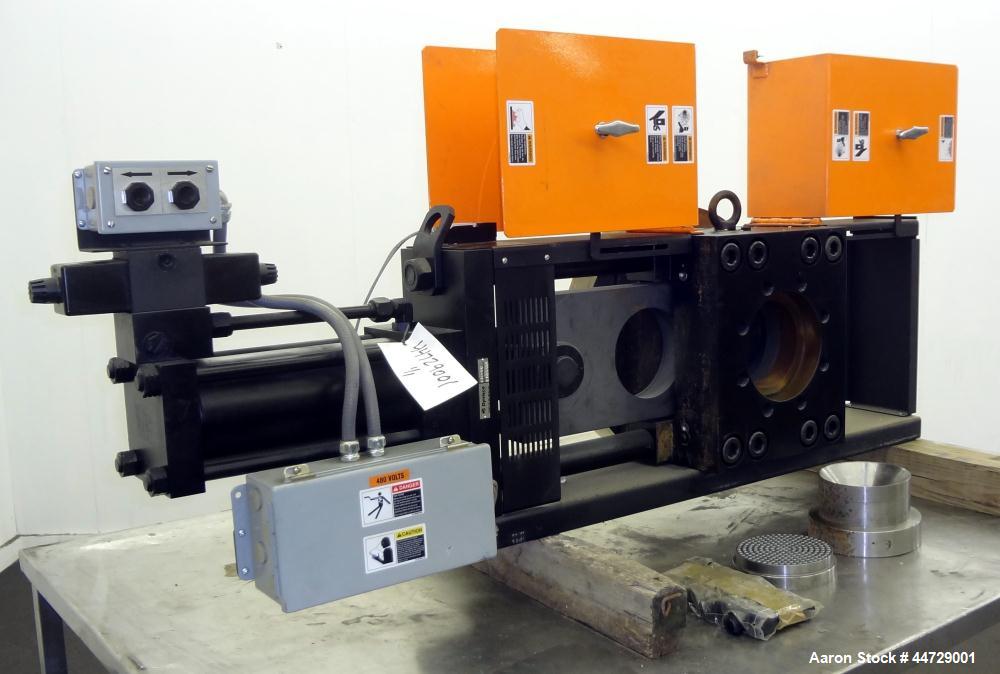 Unused- Dynisco 6" Hydraulic Slide Plate Screen Changer, Model EH-60.  Horizontal opposite mounting postion. Body heater 8000 watts, slide plate heater 1600 watts, line voltage 480.  Includes a break...