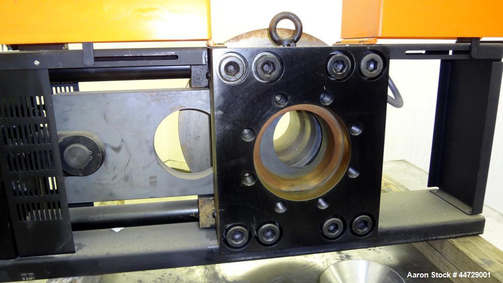 Unused- Dynisco 6" Hydraulic Slide Plate Screen Changer, Model EH-60.  Horizontal opposite mounting postion. Body heater 8000 watts, slide plate heater 1600 watts, line voltage 480.  Includes a break...