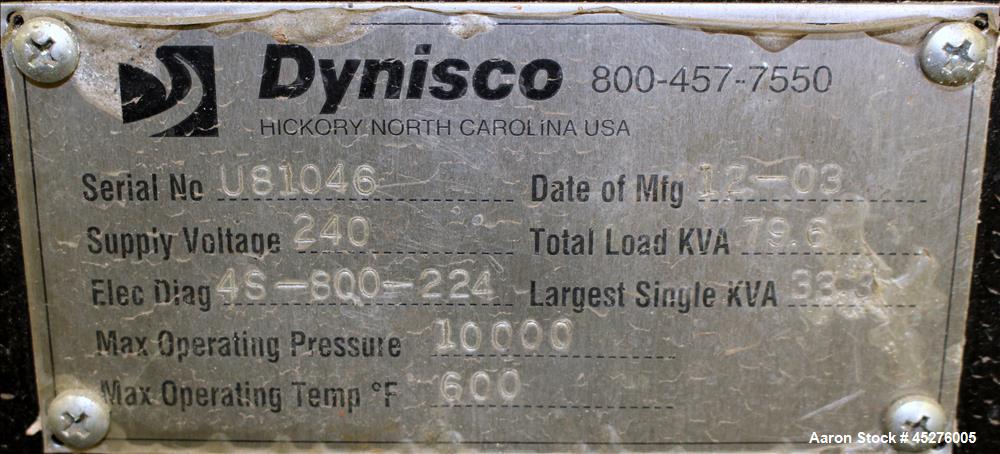 Used Dynisco Ultra Lock Slide Plate Screen Changer, Model ULC80H. 8" Diameter. No hydraulic pump included for screen changer operation. Serial# U81046, order# 4500419758/U81046, built 12/2003.