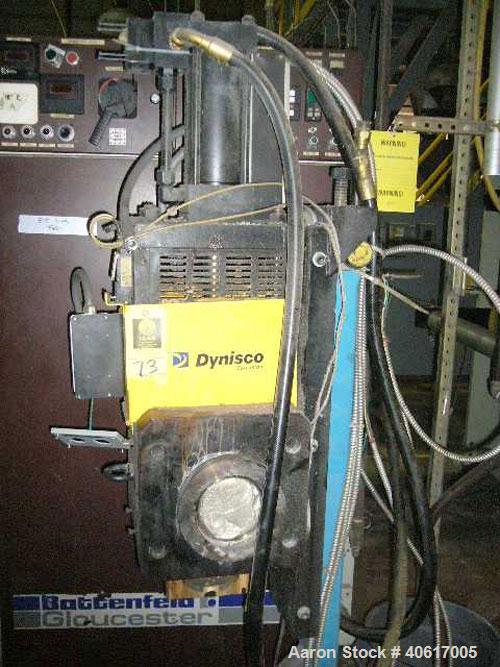 Used Dynisco 4.5" Hydraulic Screen Changer. Includes a stand and hydraulic pump.