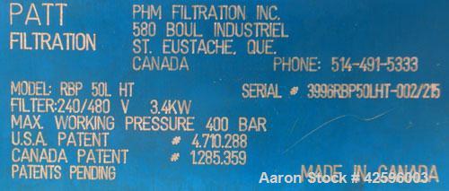 Used Patt Filtration Rotary III Constant Pressure Continuous Screen Changer, Model RBP-50L HT. 240/480 Volt, 3.4 kW, maximum working pressure 400 bar. Set up for removable insert plates. Can be used ...