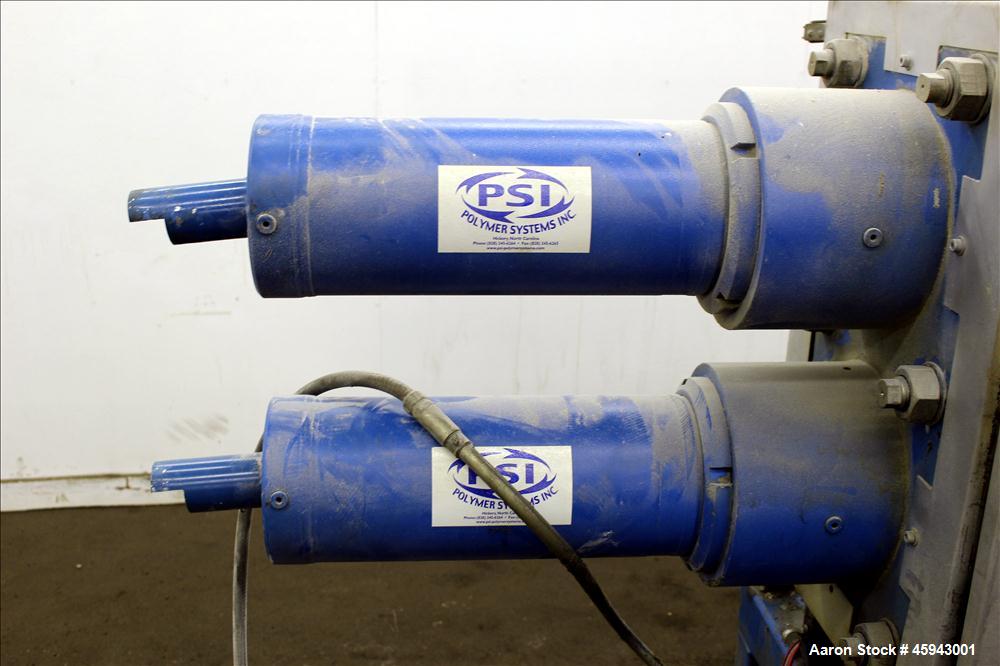 Used PSI Polymer Systems Inc. Continuous Screen Changer, Model CSC-230. Consists of (2) 9" diameter breaker plates with filter cavities. Extruder output 2,250 to 6,000 pounds per hour, 64.53 filter a...