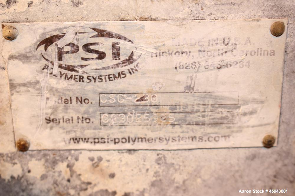 Used PSI Polymer Systems Inc. Continuous Screen Changer, Model CSC-230. Consists of (2) 9" diameter breaker plates with filter cavities. Extruder output 2,250 to 6,000 pounds per hour, 64.53 filter a...