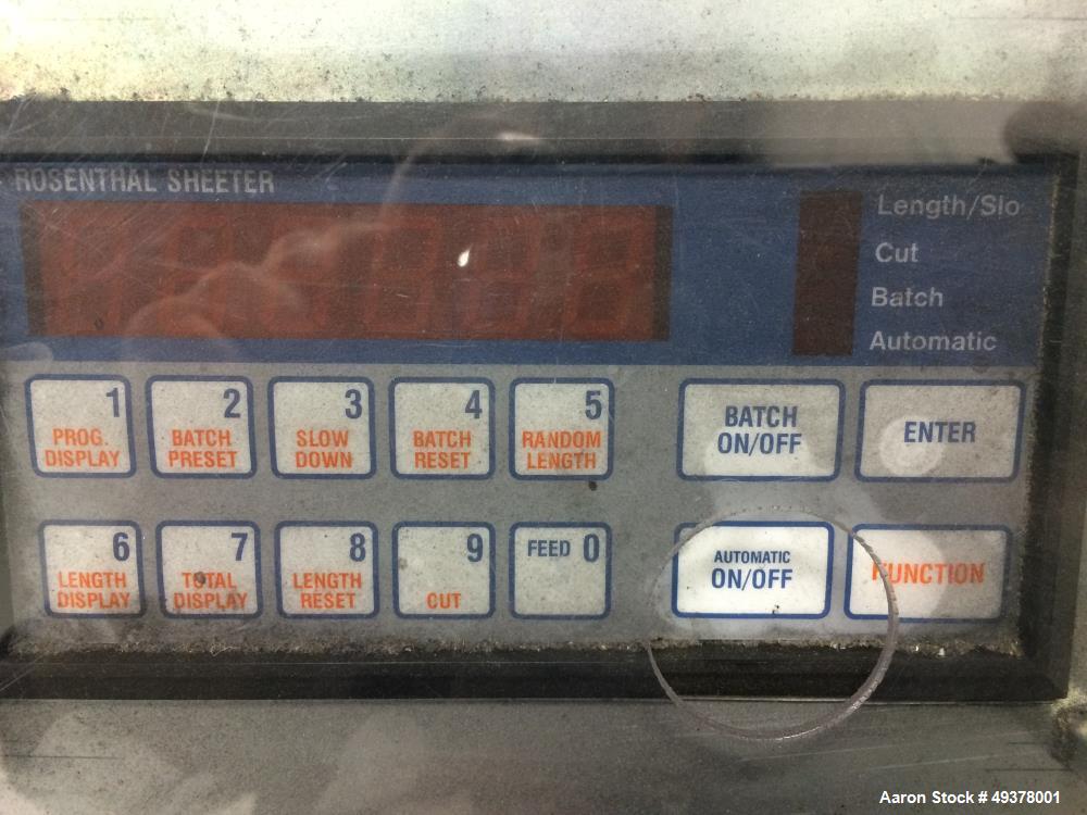 Used Rosenthal Manufacturing Sheetmaster Sheeter, Model SM-30. Approximate 30" wide capacity. Up to 75 sheets per minute, up to 1/16" cut length accuracy. Equipped with Controller 58851-419, Foot swi...