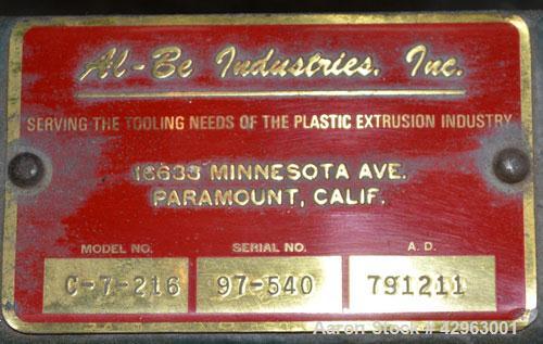 Used Al-Be Industries Vacuum Sizing Tank, Model C-7-216, 304 Stainless steel. Vacuum section 14’’ wide x 24’’ long x 7-1/2’’ deep with a plastic cover. Cooling section 8’’ wide x 216’’ long x 8’’ dee...