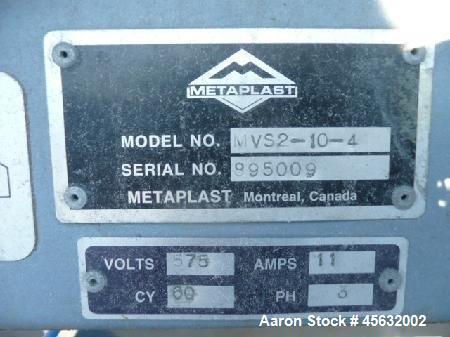 Used Metaplast Vacuum Sizing Tank, Model MVS2-10-4, approximately 10' long. Equipped with (2) pumps. Serial#895009.