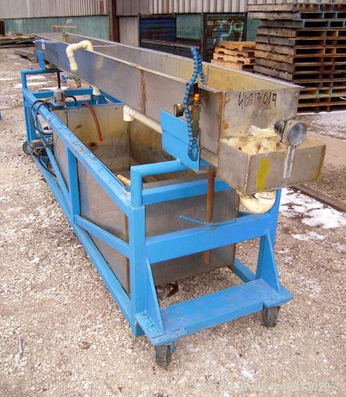 Used Waterbath, 304 stainless steel. 12" wide x 156" long x 7 1/2" deep. Includes a pump and a holding tank. Mounted on a carbon steel frame with wheels.