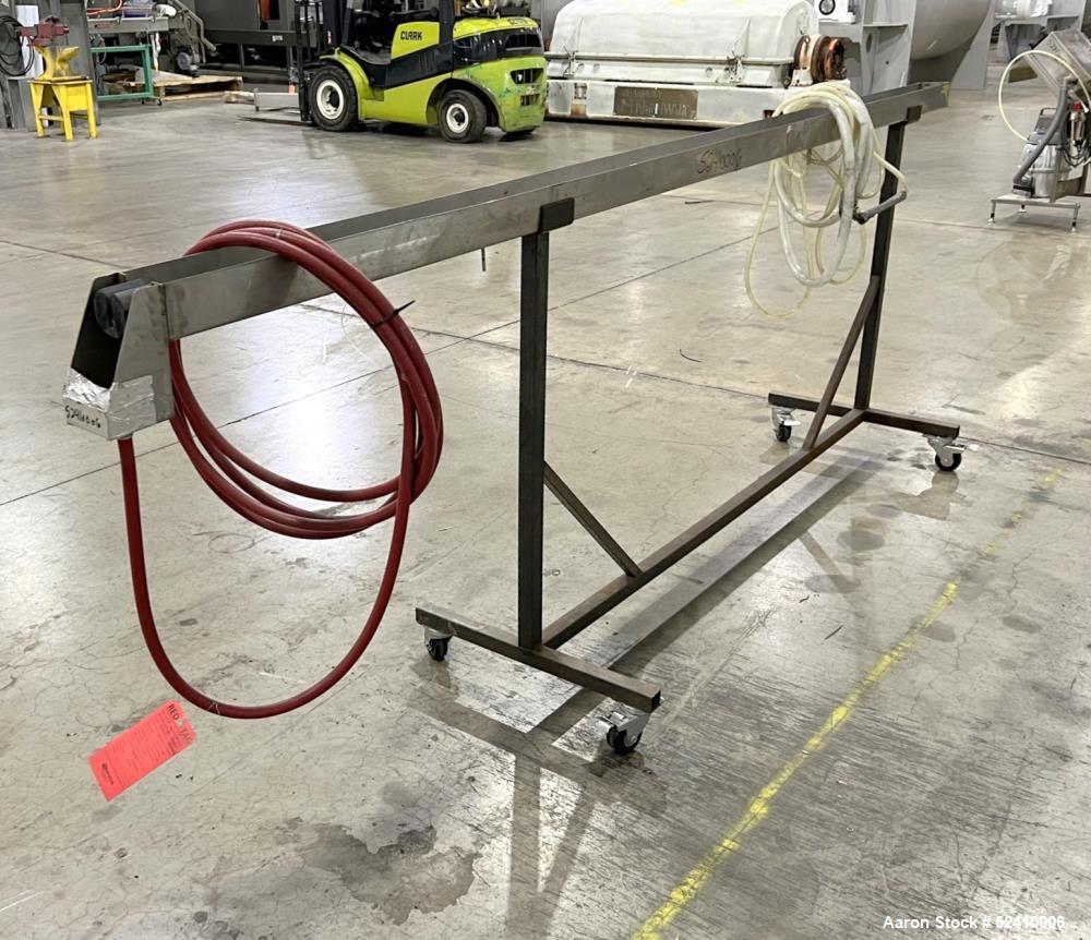 Used Water Bath, 304 Stainless Steel. 4" wide x 120" long x 3" deep trough. 1/2" outlet. Mounted on carbon steel frame with casters.