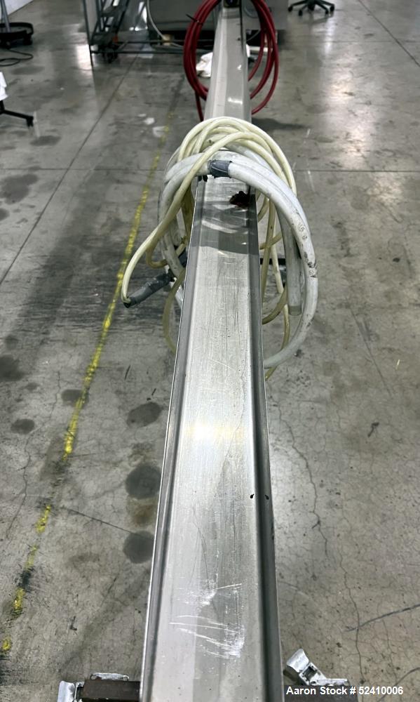 Used Water Bath, 304 Stainless Steel. 4" wide x 120" long x 3" deep trough. 1/2" outlet. Mounted on carbon steel frame with casters.