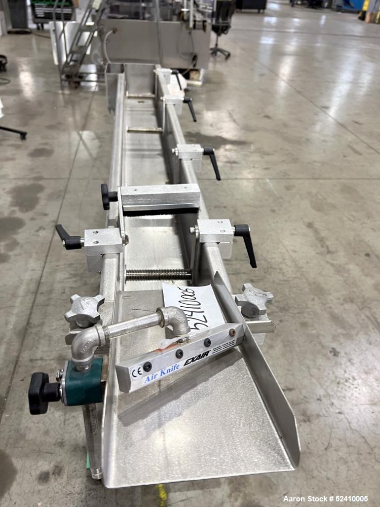 Used BPM Water Bath, Model WBX0606-6, 304 Stainless Steel. 6" wide x 72" long x 6" deep trough. 2" and 1-1/4" outlets fitted with 1" threaded piping. Includes air-knife. Mounted on carbon steel frame...