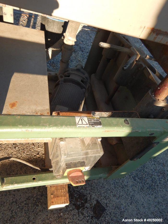 Used Conair Spray Cooling Tank, Model MCB-12-8, Stainless Steel. Approximate 15" x 15" cross section, 12' long. Includes (1) circulating pump. Mounted on a carbon steel frame on casters. Serial# 1803...