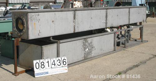 USED: Custom Fabricated wash tank, 304 stainless steel. Tank 24" widex 24" deep x 20' long. 4 piece top cover. Includes holding tank, heatexchanger, 7.5 hp pump. Mounted on a common base.