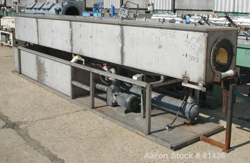 USED: Custom Fabricated wash tank, 304 stainless steel. Tank 24" widex 24" deep x 20' long. 4 piece top cover. Includes holding tank, heatexchanger, 7.5 hp pump. Mounted on a common base.