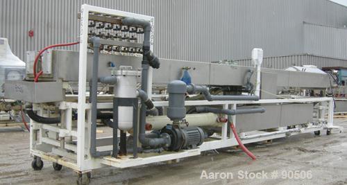 Used: Extrusion Services Inc.(ESI) spray cooling tank, 304 stainless steel. 26" wide x 11" deep x 21' long.(3) sections of 4' long covers. Includes holding tank,(2) pumps, filter, heat exchanger, vac...