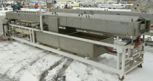 Used: Extrusion Services Inc (ESI) Spray Cooling Tank, 304 stainless steel. 26" wide x 11" deep x 20'4" long. (3) sections of 4' long covers. Includes holding tank, pump, filter, heat exchanger and c...