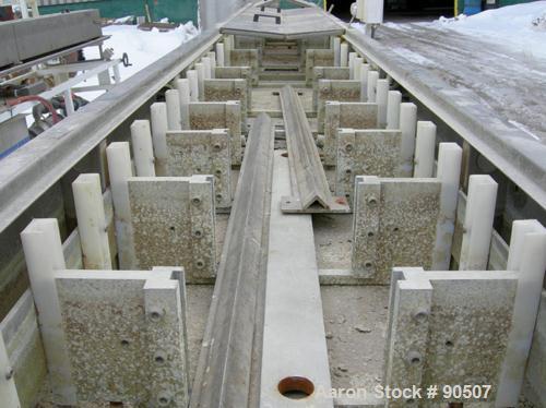 Used: Extrusion Services Inc (ESI) Spray Cooling Tank, 304 stainless steel. 26" wide x 11" deep x 20'4" long. (3) sections of 4' long covers. Includes holding tank, pump, filter, heat exchanger and c...