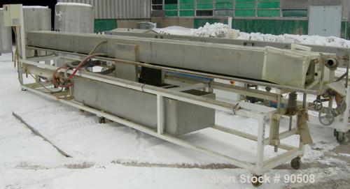 Used: Extrusion Services Inc.(ESI) spray cooling tank,304 stainless steel. 16" wide x 11" deep x 20' long.(4) section top cover. Includes holding tank,pump, heat exchanger,and control panel. Mounted ...
