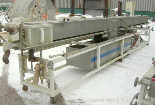 Used: Extrusion Services Inc.(ESI) spray cooling tank,304 stainless steel. 16" wide x 11" deep x 20' long.(4) section top cover. Includes holding tank,pump, heat exchanger,and control panel. Mounted ...