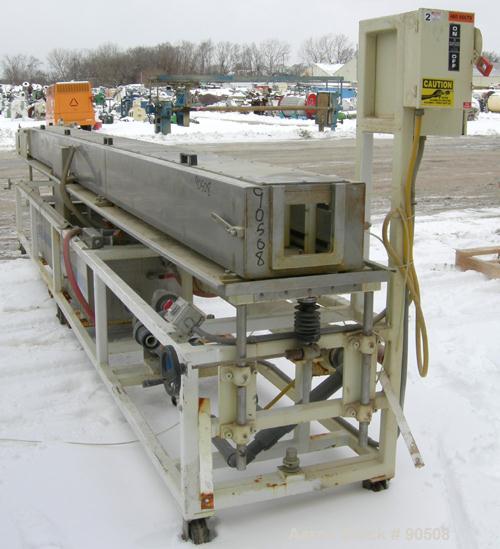 Used: Extrusion Services Inc.(ESI) spray cooling tank,304 stainless steel. 16" wide x 11" deep x 20' long.(4) section top cover. Includes holding tank,pump, heat exchanger,and control panel. Mounted ...