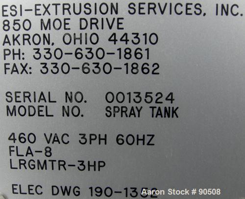 Used: Extrusion Services Inc.(ESI) spray cooling tank,304 stainless steel. 16" wide x 11" deep x 20' long.(4) section top cover. Includes holding tank,pump, heat exchanger,and control panel. Mounted ...