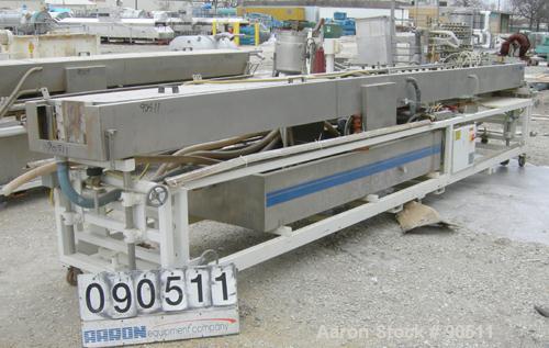 Used: Extrusion Services Inc.(ESI) spray cooling tank, 304 stainless steel. 26" wide x 11" deep x 20'4" long.(3) sections of 4' long covers. Includes holding tank,(2)pumps, filter, heat exchanger,and...