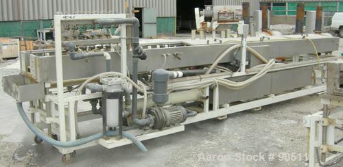 Used: Extrusion Services Inc.(ESI) spray cooling tank, 304 stainless steel. 26" wide x 11" deep x 20'4" long.(3) sections of 4' long covers. Includes holding tank,(2)pumps, filter, heat exchanger,and...