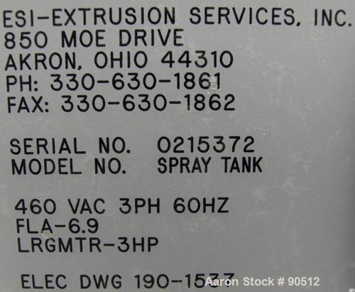 Used: Extrusion Services Inc (ESI) spray cooling tank, 304 stainless steel. 26" wide x 11" deep x 21'6" long. (5) section top cover. Includes holding tank, pump, heat exchanger and control panel. Mou...