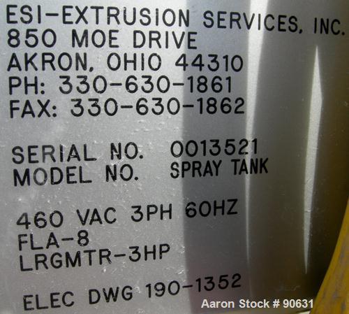 Used: Extrusion Services Inc.(ESI) spray cooling tank, 304 stainless steel. 16" wide x 11" deep x 20' long.(4) section top cover. Includes holding tank,pump, heat exchanger,and control panel. Mounted...