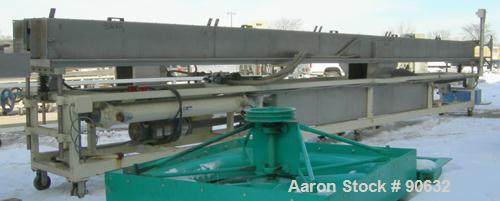 Used: Extrusion Services Inc.(ESI) spray cooling tank, 304 stainless steel. 16" wide x 11" deep x 25' long.(5) section top cover. Includes holding tank,pump, heat exchanger,and control panel. Mounted...