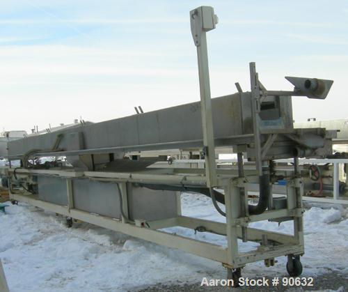 Used: Extrusion Services Inc.(ESI) spray cooling tank, 304 stainless steel. 16" wide x 11" deep x 25' long.(5) section top cover. Includes holding tank,pump, heat exchanger,and control panel. Mounted...