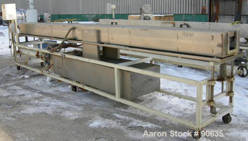 Used: Extrusion Services Inc.(ESI) spray cooling tank, 304 stainless steel. 16" wide x 11" deep x 20' long.(4) section top cover. Includes holding tank,pump, heat exchanger,and control panel. Mounted...