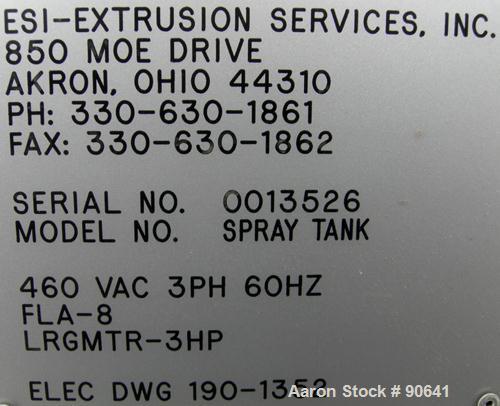 Used: Extrusion Services Inc.(ESI) spray cooling tank, 304 stainless steel. 16" wide x 11" deep x 20' long.(4) section top cover. Includes holding tank,pump, heat exchanger,and control panel. Mounted...