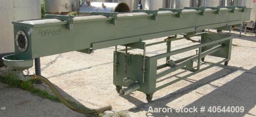 Used Gatto spray cooling tank, model WST105B21-2, 304 stainless steel. (4) compartment, 12" wide x 252" long x 12" deep. (4) piece top cover, (4) spray pipes with nozzles, 20' long. Mounted on a carb...