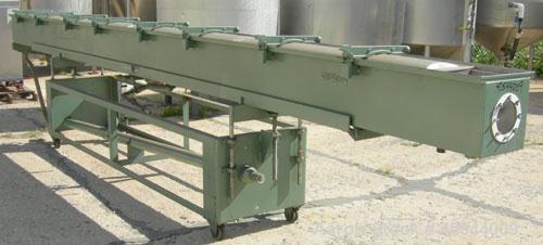 Used Gatto spray cooling tank, model WST105B21-2, 304 stainless steel. (4) compartment, 12" wide x 252" long x 12" deep. (4) piece top cover, (4) spray pipes with nozzles, 20' long. Mounted on a carb...