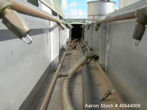Used Gatto spray cooling tank, model WST105B21-2, 304 stainless steel. (4) compartment, 12" wide x 252" long x 12" deep. (4) piece top cover, (4) spray pipes with nozzles, 20' long. Mounted on a carb...