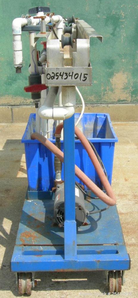 Used Waterbath, 304 Stainless Steel. 4 3/4" wide x 72" long x 5" deep. Includes a pump, driven by a 3/4 hp, 1/60/115/230 volt, 3450 rpm motor, and plastic holding tank. Mounted on a carbon steel fram...