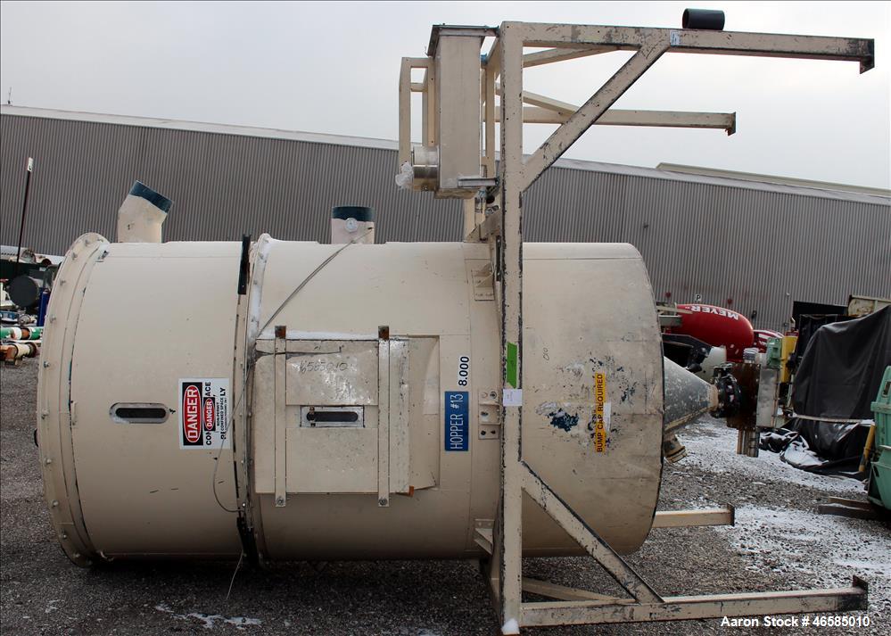 Used Drying Hopper, Approximately 8,000 Lbs. Capacity. Approximate 72" diameter x 120" straight side x 26" long cone. 30" x 30" Side access door. Openings top: (1) 10", side: (2) 10". Mounted on carb...