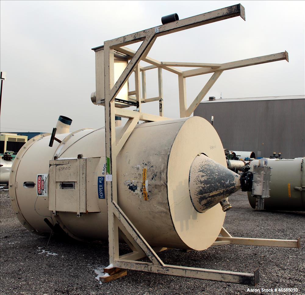 Used Drying Hopper, Approximately 8,000 Lbs. Capacity. Approximate 72" diameter x 120" straight side x 26" long cone. 30" x 30" Side access door. Openings top: (1) 10", side: (2) 10". Mounted on carb...