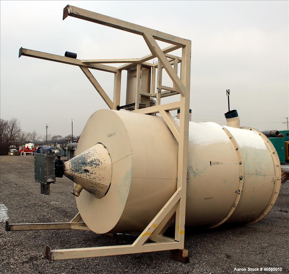 Used Drying Hopper, Approximately 8,000 Lbs. Capacity. Approximate 72" diameter x 120" straight side x 26" long cone. 30" x 30" Side access door. Openings top: (1) 10", side: (2) 10". Mounted on carb...