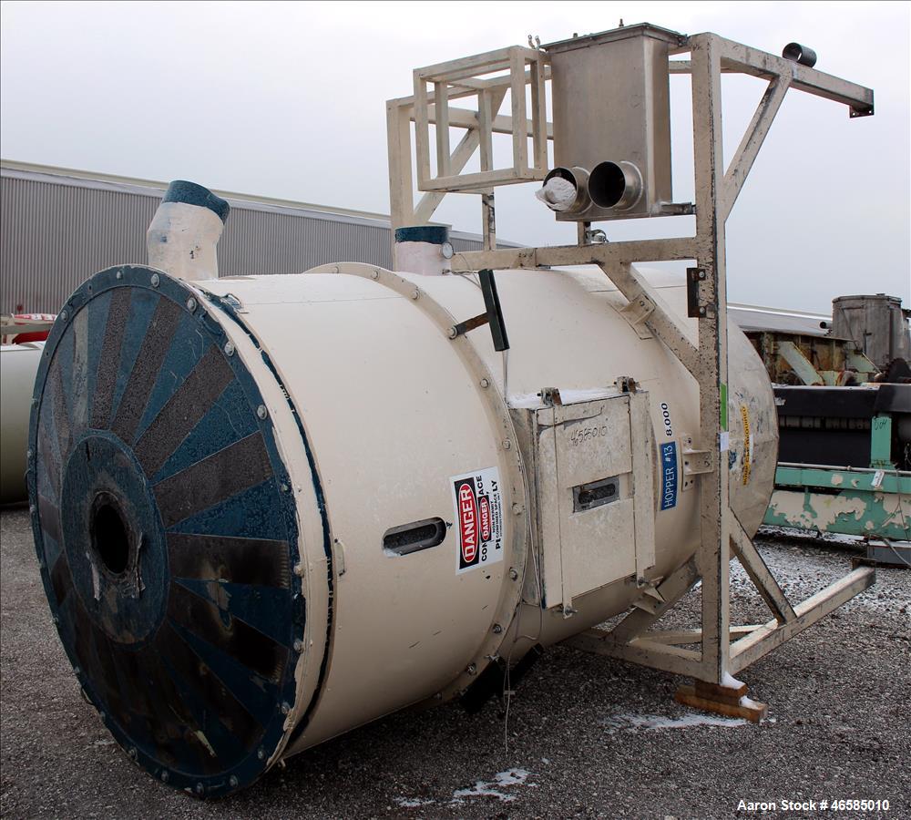 Used Drying Hopper, Approximately 8,000 Lbs. Capacity. Approximate 72" diameter x 120" straight side x 26" long cone. 30" x 30" Side access door. Openings top: (1) 10", side: (2) 10". Mounted on carb...