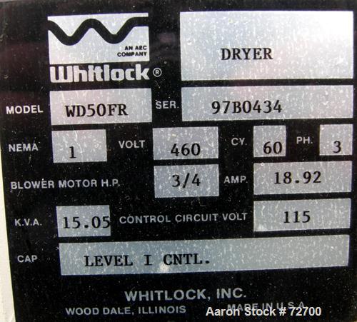 USED: AEC Whitlock WD Series dehumidifying dryer, model WD50FR. 3/60/460 volt, 50 cfm process air flow, 19 full load amps, 3/4 hp blower motor, 15.05 kva. Includes Level 1 controls. Mounted on caster...